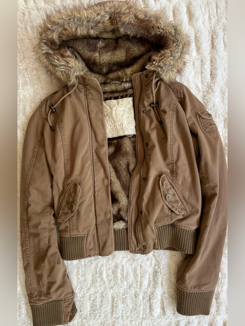 Y2K Vintage Abercrombie & Fitch Fur Lined Hooded Bomber Jacket Brown